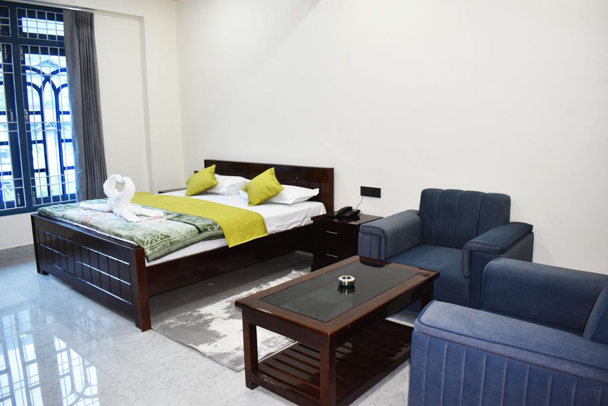 Family Room with blue sofa